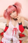 babydoll bed choker cosplay detached_sleeves hair_ribbons hanamura_misaki kaname_madoka leash pink_hair puella_magi_madoka_magica twintails rating:Safe score:0 user:nil!