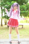 cosplay hair_ribbons hiiragi_kagami hoshino_kana kneesocks lucky_star pantyhose pleated_skirt purple_hair sailor_uniform school_uniform skirt twintails rating:Safe score:0 user:nil!