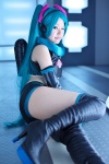 aqua_eyes aqua_hair asanagi_rin boots collar cosplay croptop detached_sleeves elbow_gloves gloves hair_ties hatsune_miku headphones jetpack project_diva shorts thigh_boots thighhighs twintails vocaloid rating:Safe score:1 user:pixymisa