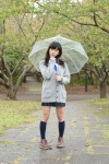 blouse braid cardigan kneesocks nanaka_amanonanae pleated_skirt rain scarf skirt umbrella rating:Safe score:0 user:pixymisa