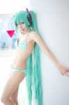 aqua_hair bikini cosplay hatsune_miku headset hisame_chirumi pantyhose project_diva striped swimsuit twintails vocaloid rating:Safe score:4 user:nil!