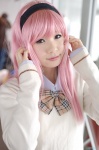 bow cosplay hairband miniskirt okuwaka_tsubomi pantyhose pink_hair school_uniform shirayuki_himeno skirt strawberry_panic! sweater rating:Safe score:0 user:nil!