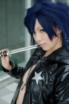 aiba_ai black_rock_shooter_(world) blue_hair cosplay jacket kagamine_len katana sarashi shorts sword vocaloid rating:Safe score:1 user:nil!