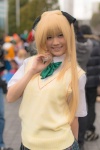 blonde_hair blouse bowtie cosplay golden_darkness hairbow pleated_skirt popuri skirt sweater to_love-ru rating:Safe score:0 user:pixymisa