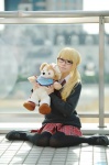 blonde_hair blouse cosplay glasses hayase_ami original pleated_skirt school_uniform skirt stuffed_animal sweater teddy_bear thighhighs twintails zettai_ryouiki rating:Safe score:3 user:nil!