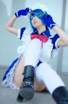 apron blue_hair boots cosplay dress eyepatch gloves hairband handcuffs ikkitousen maid maid_uniform mai_(ii) ryomou_shimei thighhighs zettai_ryouiki rating:Safe score:2 user:nil!