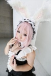 animal_ears bunny_ears cleavage cosplay dress headphones nitro_super_sonic pink_hair saku super_soniko rating:Safe score:1 user:nil!