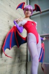 bat_wings bodysuit cosplay demon_girl detached_sleeves head_wings leotard lilith_aensland namada pantyhose purple_hair vampire_(game) rating:Safe score:8 user:nil!