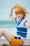 beach cosplay flag kuuya miniskirt nami_(one_piece) ocean one_piece orange_hair shorts skirt straw_hat tshirt rating:Safe score:0 user:nil!