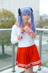 blue_hair cosplay hair_ribbons hiiragi_kagami lucky_star miyu_(iii) pantyhose pleated_skirt sailor_uniform school_uniform skirt twintails rating:Safe score:0 user:nil!