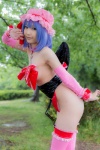 bed blue_hair bonnet bow choker corset cosplay detached_sleeves garter_straps lenfried monokini one-piece_swimsuit remilia_scarlet sling_bikini swimsuit thighhighs touhou wings rating:Safe score:1 user:nil!