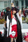 cosplay gauntlets glaive horns inu_boku_secret_service kimono mask miniskirt nakko purple_hair scarf shirakiin_ririchiyo skirt thighhighs rating:Safe score:0 user:pixymisa
