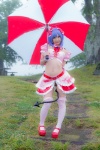 blouse blue_hair bonnet bow cosplay croptop half_skirt_open_front lenfried rain remilia_scarlet tail_plug thighhighs touhou umbrella wings rating:Questionable score:1 user:nil!