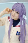 clannad cosplay fujibayashi_kyou hair_ribbons purple_hair sailor_uniform saya school_uniform rating:Safe score:1 user:nil!