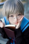 book cardigan cosplay glasses kanata nagato_yuki pleated_skirt sailor_uniform school_uniform silver_hair skirt suzumiya_haruhi_no_yuuutsu rating:Safe score:2 user:nil!