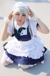 apron blouse blue_eyes cosplay hat hoshino_minato izayoi_sakuya jumper petticoat ribbon_tie thighhighs touhou twin_braids white_hair wristband zettai_ryouiki rating:Safe score:0 user:pixymisa