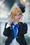 blazer blonde_hair blouse blue_eyes cosplay glare_(vocaloid) glasses hair_clips kagamine_rin looking_over_glasses microphone mineo_kana tie vocaloid rating:Safe score:3 user:pixymisa