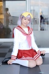 cosplay hairbow hiiragi_tsukasa lucky_star maritsuki_haru miniskirt pleated_skirt purple_hair sailor_uniform school_uniform skirt socks rating:Safe score:0 user:nil!