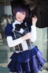 akitsu_honoka blouse blue_eyes bowtie chuunibyou_demo_koi_ga_shitai! cosplay eyepatch hairbow purple_hair side_ponytail takanashi_rikka tiered_skirt umbrella rating:Safe score:2 user:pixymisa