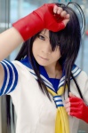 ahoge blue_hair cosplay croptop fingerless_gloves gloves ikkitousen kanu_unchou ryuuna sailor_uniform school_uniform rating:Safe score:0 user:nil!