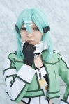 aqua_hair bodysuit cosplay eito fingerless_gloves hair_clips jacket scarf shinon_(sao) sword_art_online rating:Safe score:0 user:nil!