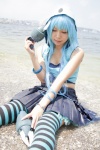 asakura_kana beach blue_hair cleavage cosplay croptop gundam msm-07_z'gok ocean pleated_skirt skirt striped tank_top thighhighs wet zettai_ryouiki rating:Safe score:1 user:nil!