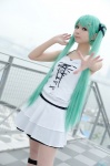 aqua_hair camisole cosplay hair_clips hair_ribbons hatsune_miku kanda_midori laces miniskirt pantyhose skirt twintails vocaloid world_is_mine_(vocaloid) rating:Safe score:3 user:nil!