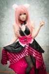 animal_ears black_legwear chain cleavage collar cosplay dress megurine_luka pantyhose pink_hair ravi skirt skirt_lift tail vocaloid rating:Safe score:0 user:pixymisa