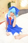 bed blouse blue_hair cirno cosplay hairbow jumper shizuku touhou rating:Safe score:2 user:nil!