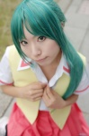 blouse cosplay green_hair higurashi_no_naku_koro_ni ibara miniskirt open_clothes pleated_skirt ponytail school_uniform skirt socks sonozaki_mion vest rating:Safe score:0 user:nil!