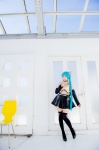 aqua_hair black_legwear cosplay croptop detached_sleeves hairbow hatsune_miku mashiro_yuki pleated_skirt ponytail project_diva skirt thighhighs vocaloid zettai_ryouiki rating:Safe score:0 user:nil!