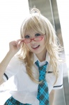 ahoge blonde_hair blouse cosplay glasses hoshii_miki idolmaster nakamura_sherii pleated_skirt school_uniform skirt tie rating:Safe score:1 user:nil!