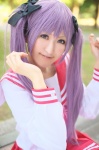 cosplay hair_ribbons hiiragi_kagami hoshino_kana lucky_star pleated_skirt purple_hair sailor_uniform school_uniform skirt twintails rating:Safe score:0 user:nil!
