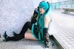 aqua_hair cosplay default_costume detached_sleeves hatsune_miku headset narihara_riku pleated_skirt skirt thighhighs tie twintails vocaloid zettai_ryouiki rating:Safe score:1 user:nil!