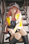 boots cosplay croptop hat hoodie maitako miniskirt misaki_shiki pantyhose red_hair sheer_legwear skirt stuffed_animal subarashiki_kono_sekai rating:Safe score:2 user:nil!