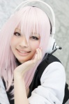 choker cosplay headphones jacket nakko nitro_super_sonic pink_eyes pink_hair super_soniko rating:Safe score:0 user:pixymisa