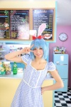 akirabbit animal_ears blue_hair bunny_ears cosplay dress hairband hairbow itsuki_akira original rating:Safe score:0 user:nil!