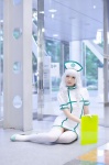 cosplay dress gloves idolmaster mike nurse nurse_cap nurse_uniform panties shijou_takane thighhighs white_hair white_legwear rating:Safe score:1 user:nil!