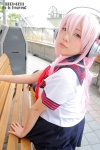cosplay headphones natsumi_(ii) nitro_super_sonic pink_hair pleated_skirt sailor_uniform school_uniform skirt super_soniko rating:Safe score:0 user:nil!