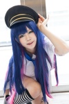 blouse blue_eyes cosplay handcuffs hiyoki kneehighs multi-colored_hair panty_&_stocking_with_garterbelt police_hat police_uniform policewoman stocking_(psg) striped suspenders tie rating:Safe score:0 user:pixymisa