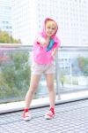blonde_hair cosplay hoodie kagerou_project kisaragi_momo_(kagerou_project) pantyhose pink_eyes sakuma_koami sheer_legwear shorts tshirt rating:Safe score:1 user:pixymisa