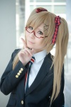 bechiko blazer blonde_hair blouse cosplay glasses green_eyes hair_ribbons looking_over_glasses nyotalia striped tie twintails united_kingdom rating:Safe score:1 user:pixymisa