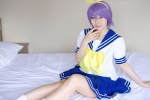 blouse bow cosplay hairbow hakuhi_kaede hiiragi_tsukasa lucky_star purple_hair sailor_uniform school_uniform socks rating:Safe score:0 user:pixymisa