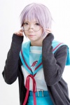 book cosplay glasses ibara nagato_yuki pleated_skirt purple_hair school_uniform skirt suzumiya_haruhi_no_yuuutsu sweater rating:Safe score:1 user:pixymisa
