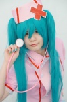 blue_hair cosplay dress hatsune_miku koiiro_byoutou_(vocaloid) meru nurse nurse_cap nurse_uniform stethoscope twintails vocaloid rating:Safe score:0 user:nil!