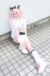 aisu bloomers cosplay hairbows hibari_(senran_kagura) kneesocks pantyhose pink_hair senran_kagura sheer_legwear track_jacket rating:Safe score:0 user:pixymisa