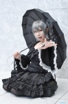 black_legwear cosplay dress drill_hair idolmaster kanzaki_ranko pantyhose saki_(ii) silver_hair twin_drills umbrella rating:Safe score:1 user:nil!