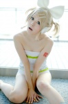 blonde_hair cosplay hairbow hair_clips headphones kagamine_rin one-piece_swimsuit pantyhose project_diva sheer_legwear swimsuit vocaloid yuyu_kaname rating:Safe score:1 user:nil!