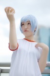 aka ayanami_rei blue_hair bun cosplay gym_uniform neon_genesis_evangelion tshirt rating:Safe score:0 user:nil!