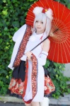 animal_ears blouse cosplay detached_sleeves hat hino_(ii) inubashiri_momiji miniskirt skirt tail touhou umbrella white_hair rating:Safe score:0 user:nil!